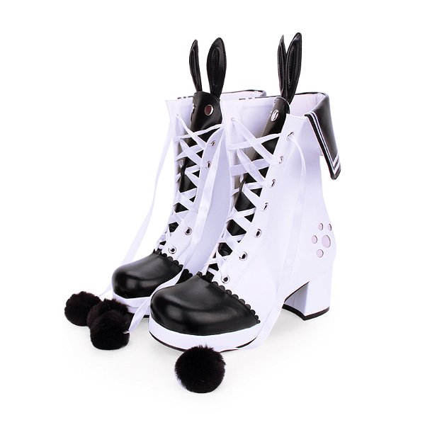 Women Lolita Cosplay Bunny Ear Leather Mid Calf Lace-up Winter Boots with Balls