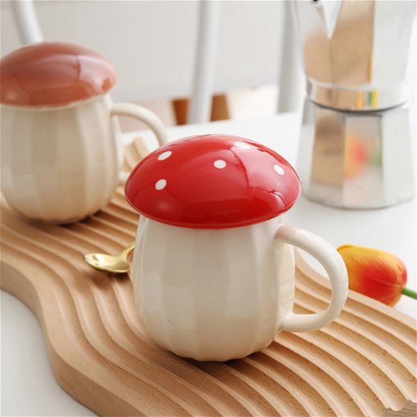 2022 New Style Creative Cartoon Mushroom Theme Water Bottle Mug Cup, Ceramic Material, Grey And Red Two Colors