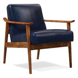Midcentury Show Wood Chair, Poly, Sierra Leather, Navy, Pecan
