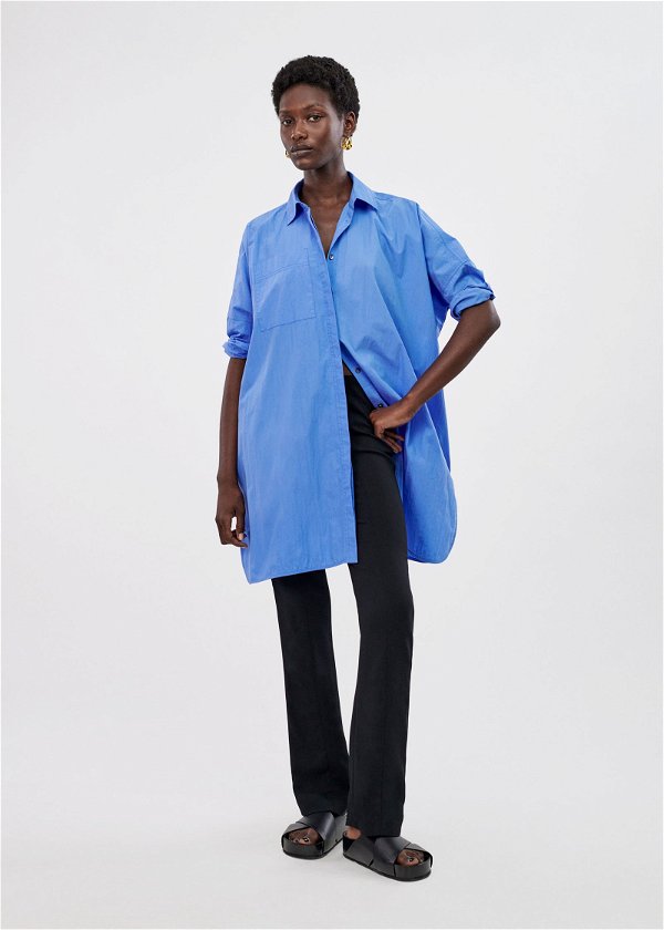 Button Down Shirt Tunic In Cotton - Oxford Blue - M
