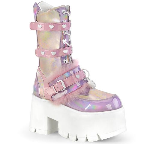 DEMONIA "Ashes-120" Ankle Boots - Baby Pink-Lavender Holographic Patent – Demonia Cult