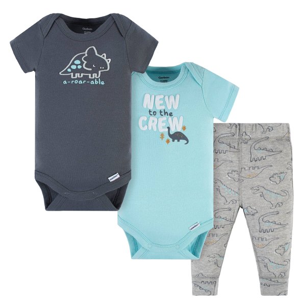 3-Piece Baby Boys Dino Blues Short Sleeve Onesies® Bodysuits & Pants Set - 0-3M
