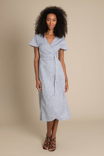 Dalitso Maxi Wrap Dress in Blue Melange Linen | Fair trade and sustainable fashion clothing UK