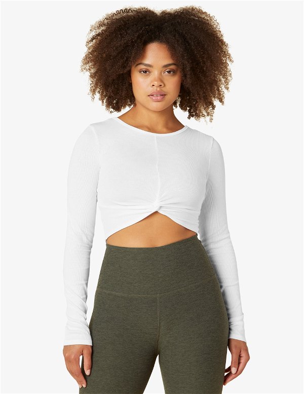 Front Twist Long Sleeve Cropped Pullover - White / M
