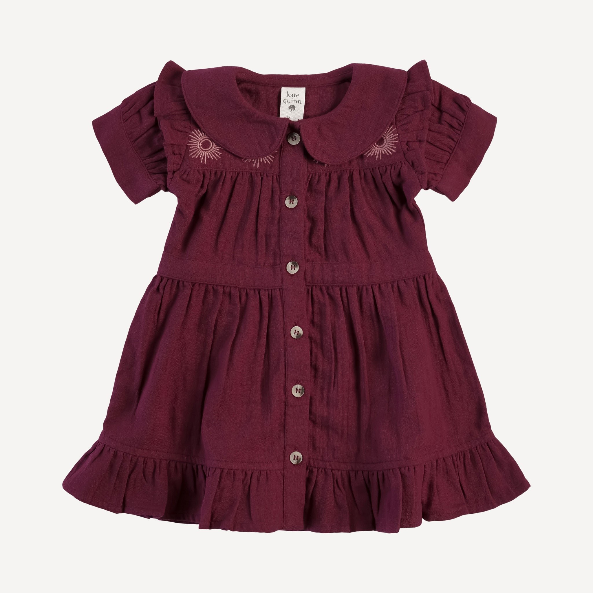 short sleeve sun embroidered button front dress | pomegranate | organic cotton gauze - 3T