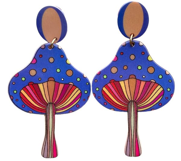 70s Tall Top Mushrooms Blue Polkadot Earrings