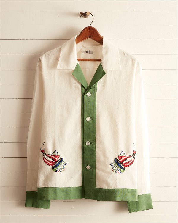 Primary Sailboat Long Sleeve Shirt - Green Cream - M/L