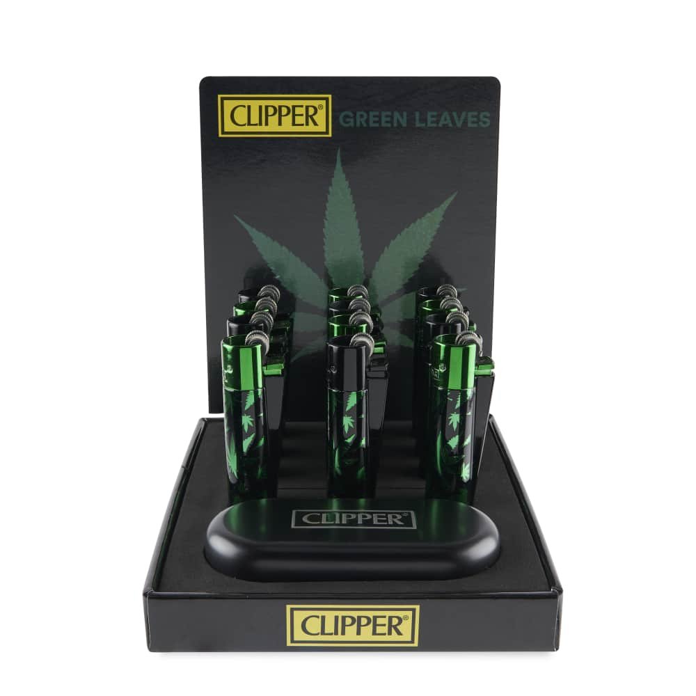 Clipper Full Metal Lighter 12ct Display with Gift Boxes – Green Leaves