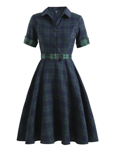 Plaids 1950s Buttoned Belted Swing Dress – Retro Stage - Chic Vintage Dresses and Accessories