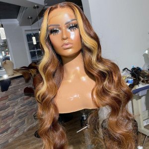 Brown Wig With Honey Blonde Frontal Highlights Lace Front Wig -West Kiss Hair