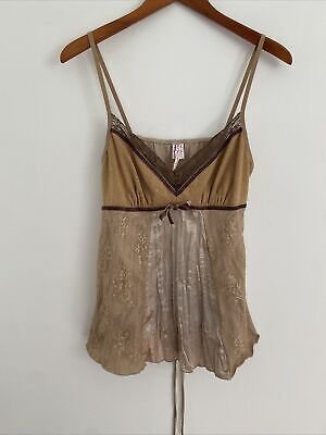VINTAGE Y2K Fairycore Barbiecore Buterfly Tank Top Size M Sparkly Lace Brown
