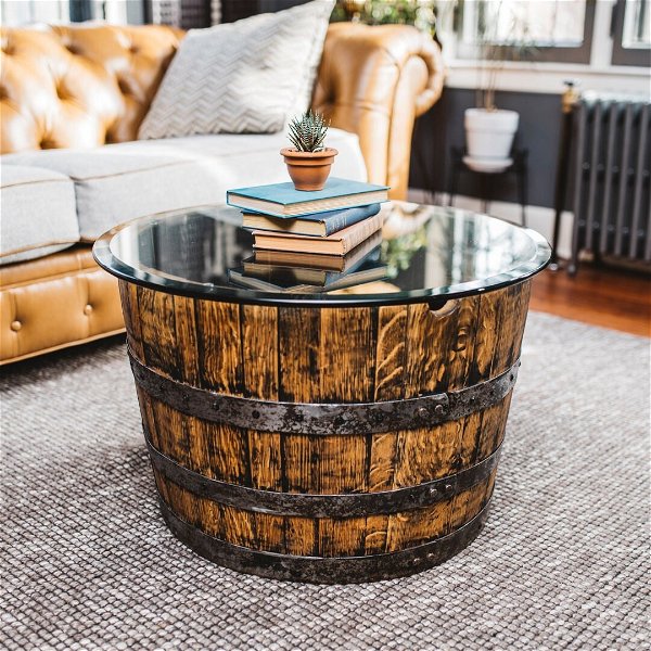Whiskey Barrel Coffee Table  Thick Round Glass  White Oak
