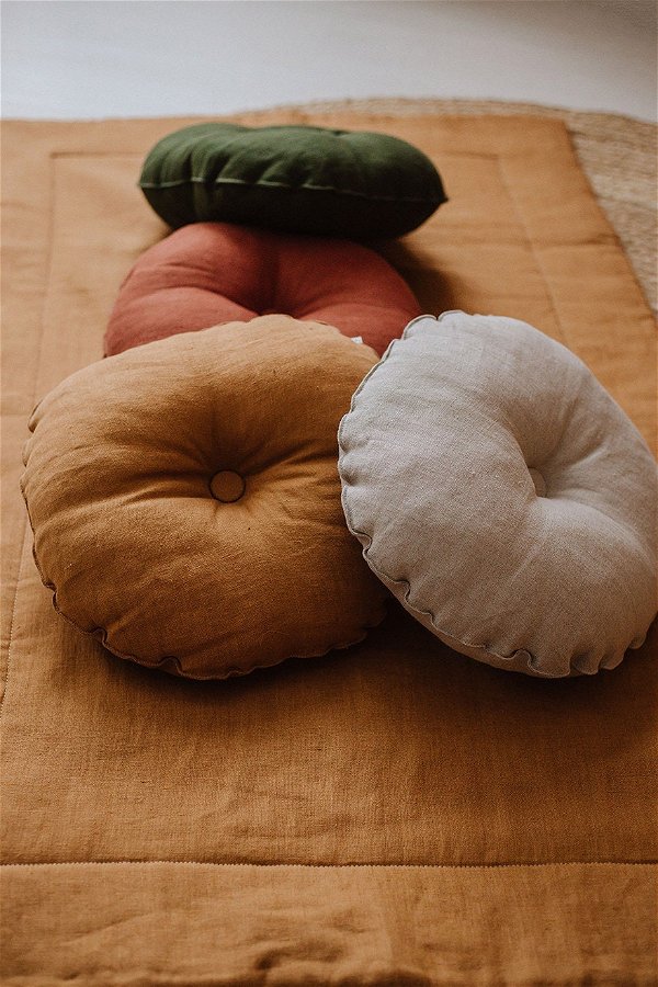Washed linen round pillow with button, Linen Cushions, Rustic style bed decorations, Bed pillow with button