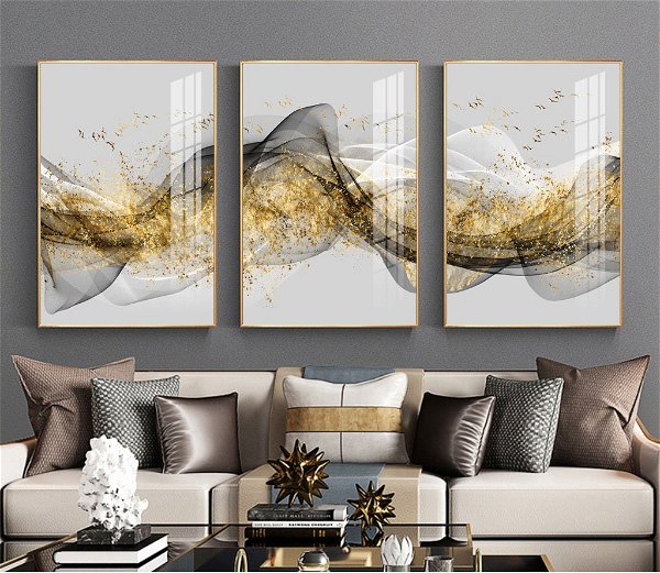 3 sets of Highly-textured oil paint, Original innovative modern light luxury abstract golden ink landscape triptych decorative painting