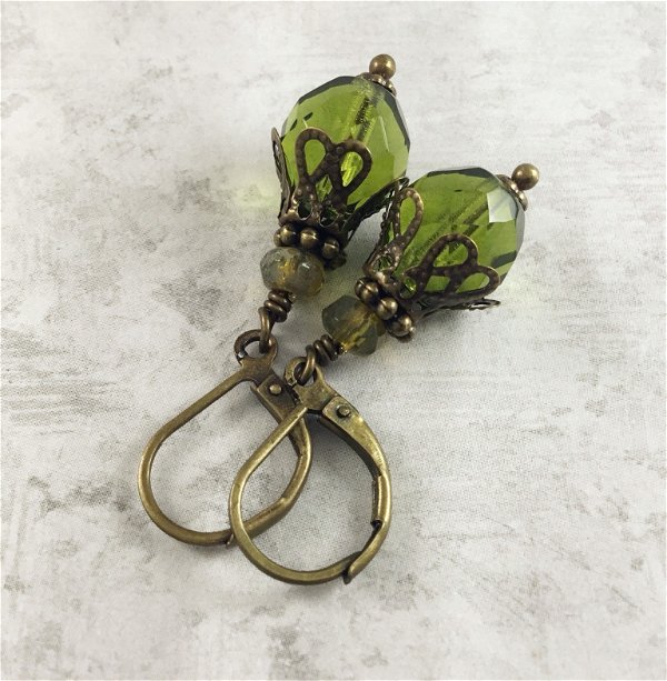 Olive Green Dark Academia Earrings with Antiqued Brass image 1