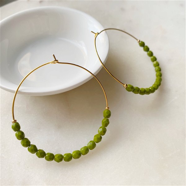 Olive Green Beaded Hoop Earrings, Lightweight Hoop Bead Earrings, Spring Green Jewelry