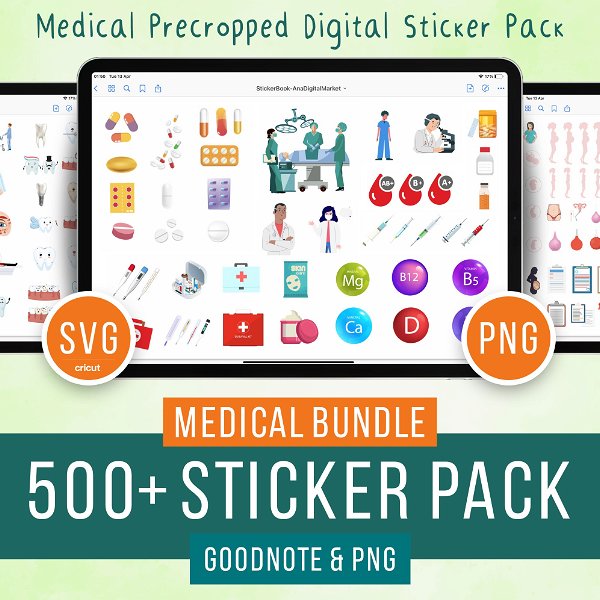 500+ Digital Medical Sticker Pack - PreCropped - Goodnotes Notability & All PNG Transparent Background - Planner Stickers