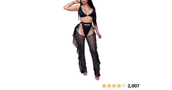 Women Beading Pearl See Through Sheer Mesh 2 Pieces Outfits Jumpsuits Crop Top and Hollow Out Ruffle Long Pants
