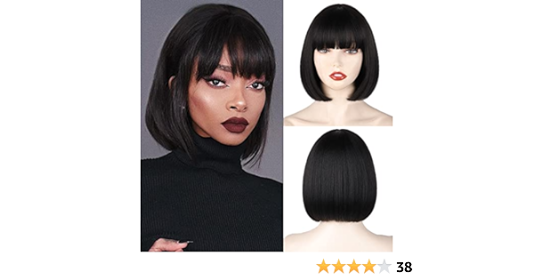 WERD Black Short Bob Wig,Straight Black Bob Wig with bangs, 10 inch Straight Bob Bangs Wig for Women Natural Looking for Daily Use