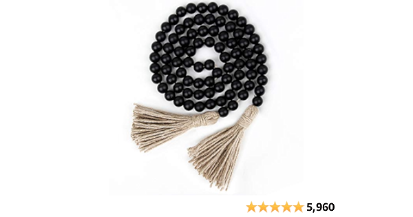 58in Wood Bead Garland with Tassels,Farmhouse Beads Rustic Country Decor Prayer Boho Beads Wall Hanging Decoration (Black)