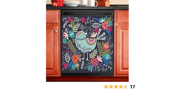 Kitchen Decor Colorful Flower Bird Magnetic Dishwasher Decal, Fridge Door Cover Vinyl Appliance Sticker, (Magnetic, 23" W x 26" H inches)
