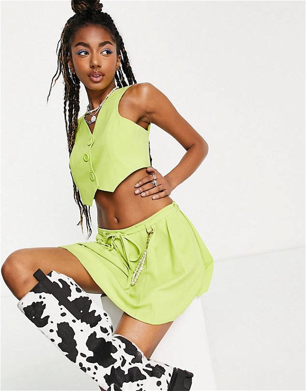 COLLUSION pleated mini skirt in green with detachable pearls & vest - part of a set | ASOS