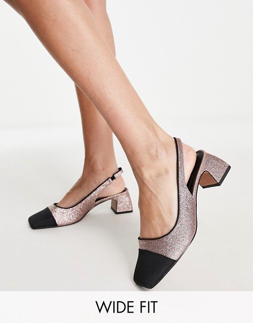 ASOS DESIGN Wide Fit Sally toe cap slingback block heeled shoes in glitter