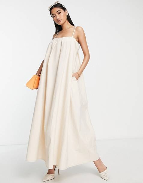 ASOS EDITION pleat front cotton cami midaxi dress in stone | ASOS