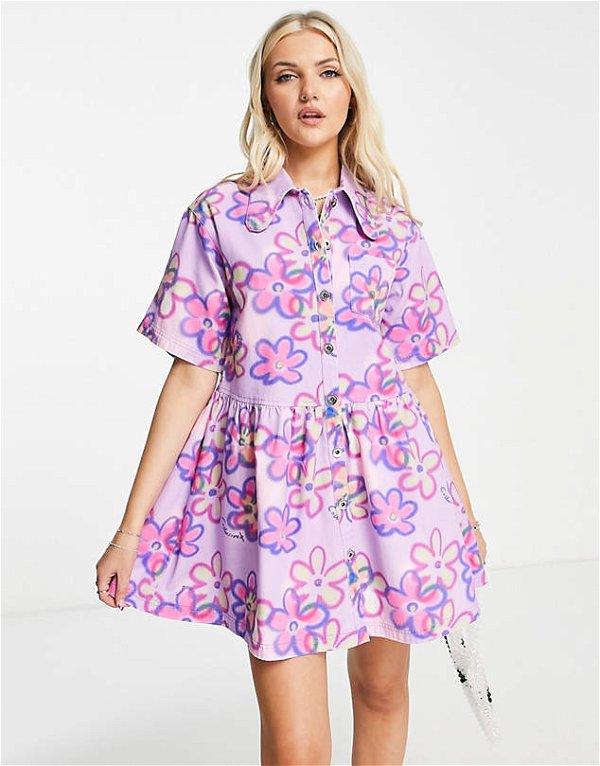 COLLUSION floral twill button down smock dress in purple | ASOS