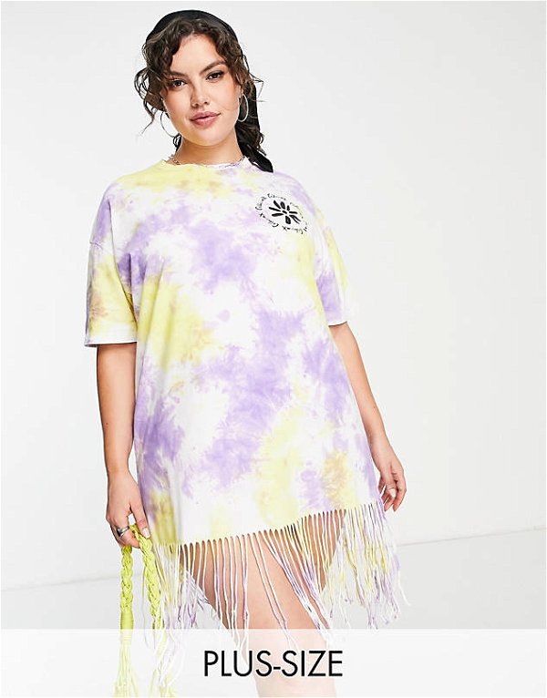 COLLUSION Plus tie dye t-shirt dress with fringing in purple | ASOS
