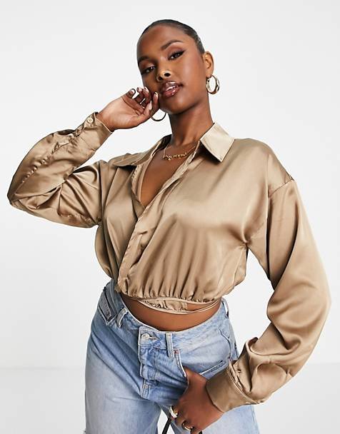 Missguided satin wrap slip mini skirt and wrap blouse in champagne - part of a set | ASOS