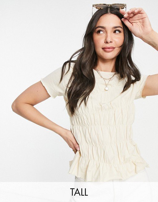 Topshop Tall shirred ruched tee in neutral