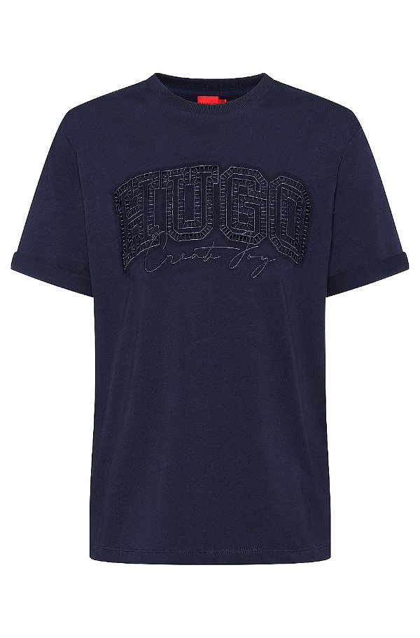HUGO - Organic-cotton T-shirt with eyelet-embroidered logo