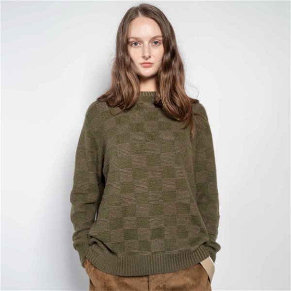Himalayan Cashmere Checkered Crew Neck Sweater in Olive