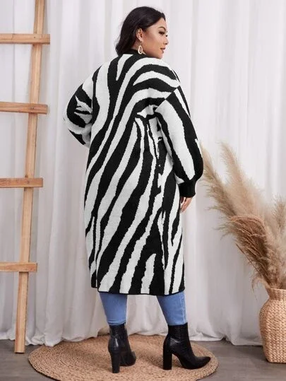 Plus Zebra Striped Drop Shoulder Open Front Cardigan | SHEIN UK