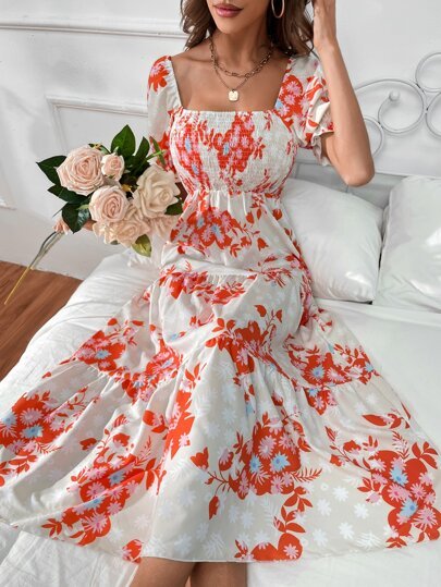 Allover Floral Print Shirred Back Ruffle Hem Dress | SHEIN USA