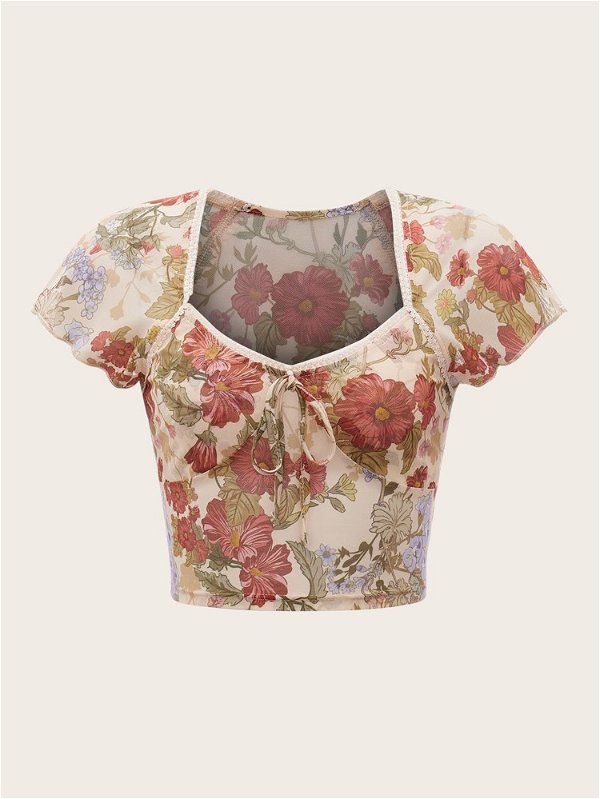Floral Graphic Knot Semi-Sheer Top