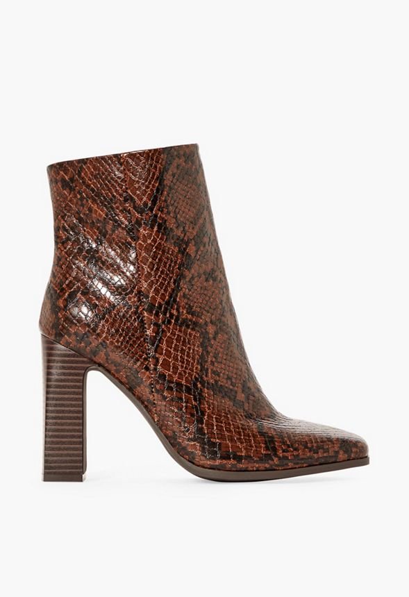 Amber Block Heeled Bootie in Brown Snake - Get great deals at JustFab