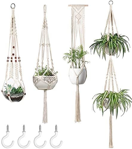 Mkono Macrame Plant Hangers Set of 4 Indoor Hanging Planter Basket Wall Decorative Flower Pot Holder with 4 Hooks for Indoor Outdoor Home Decor Gift Box, Ivory