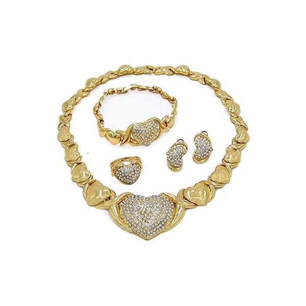 Women's Girls Hugs & Kisses XOXO 4 Pieces Necklace Set Big Heart Charm Includes Necklace Bracelet Earrings Ring Real Gold Plated Layered