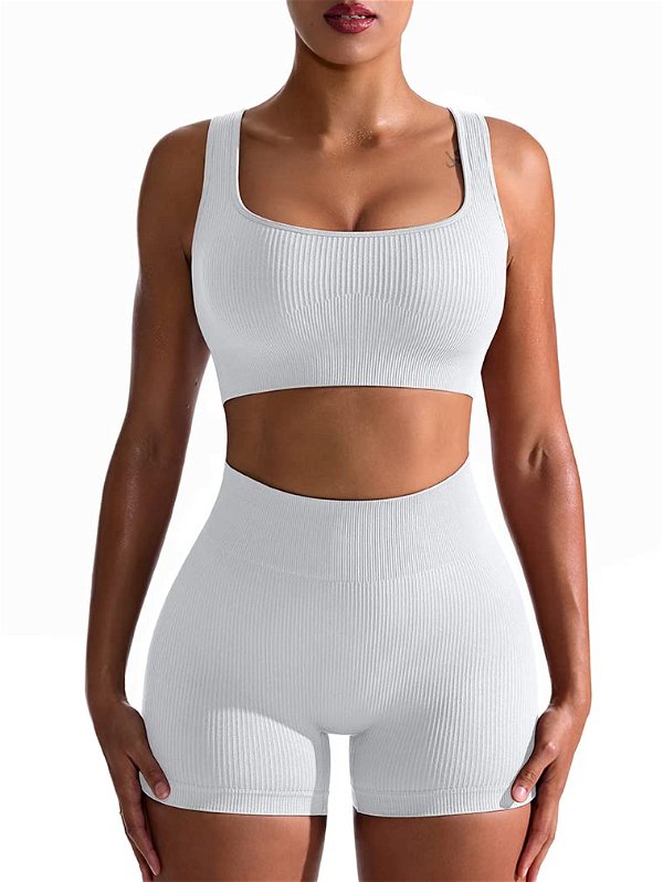 OQQ Workout Outfits for Women 2 Piece Seamless Ribbed High Waist Leggings with Sports Bra Exercise Set White