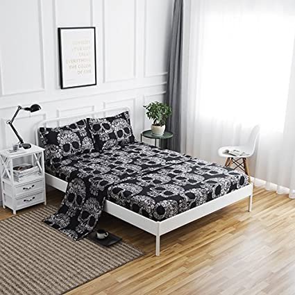 Amazon.com: SDIII 3PC Black and Cream Skull Bed Sheets Microfiber Twin Skeleton Bedding Sheet Sets with Flat Sheet, Fitted Sheet and Pillowcase : Home & Kitchen