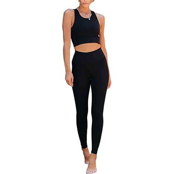 Sidefeel Women Workout Set High Waist Leggings with Sport Bra 2 Piece Outfit Gym Clothes Large Black