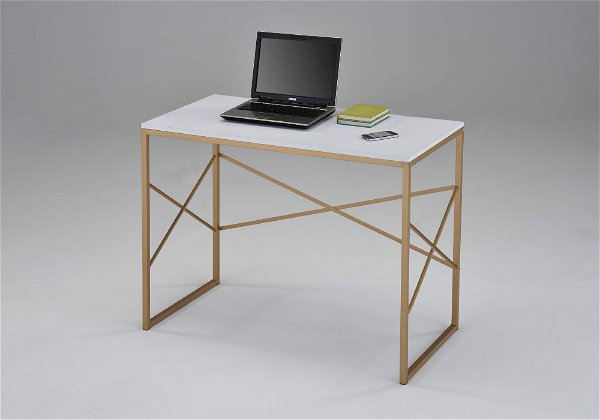 White and Gold Finish Computer Laptop Writing Study Desk Modern Home Office with X-Design by RAAMZO