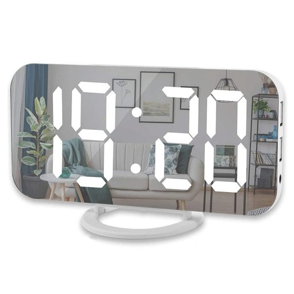 Digital Alarm Clock,6" Large LED Display with Dual USB Charger Ports | Auto Dimmer Mode | Easy Snooze Function, Modern Mirror Desk Wall Clock for Bedroom Home Office for All People