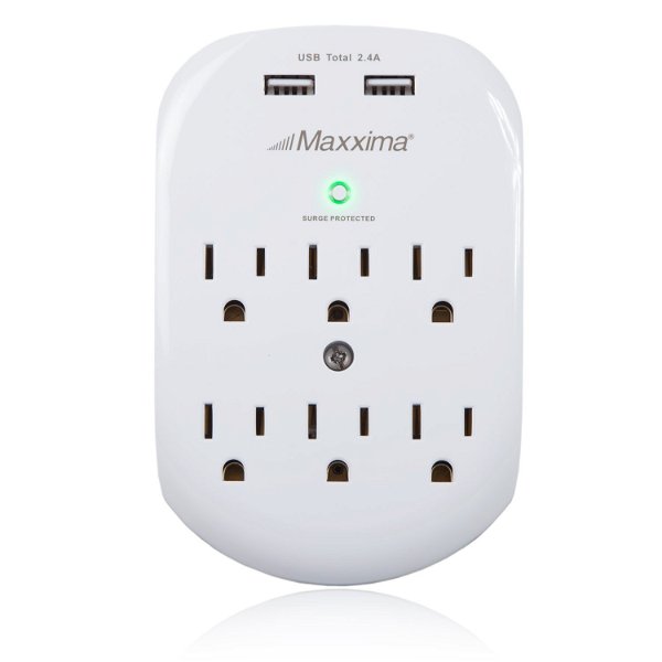 Maxxima 6 Outlet Dual USB Adaptor Plug Grounded 2.4A Port 490 Joules Surge Protector, USB Charger, Portable Wall Adapter Power Strip for Dorm Rooms, Kitchens, Travel, Office, School