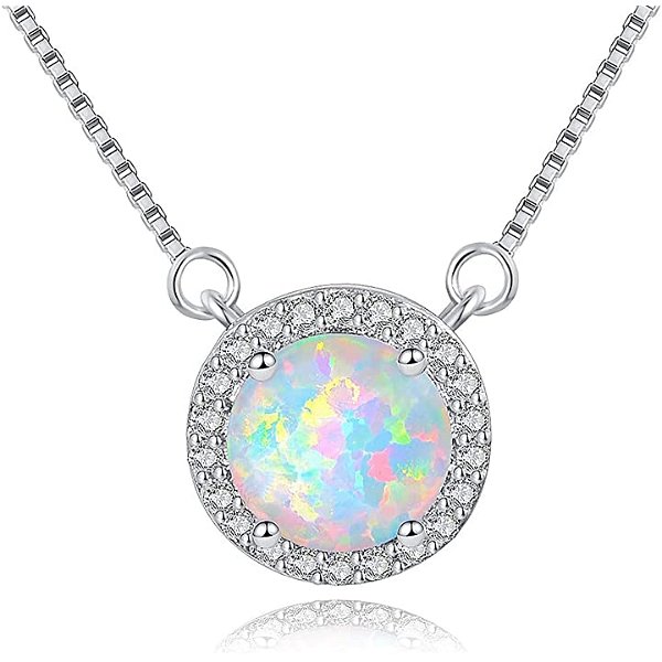 VOLUKA Round Opal Necklace, 18K White Gold Plated Necklace for Girls, Women Necklace Pendant, Cubic Zirconia Pendant Necklace October Birthstone Jewelry Gift