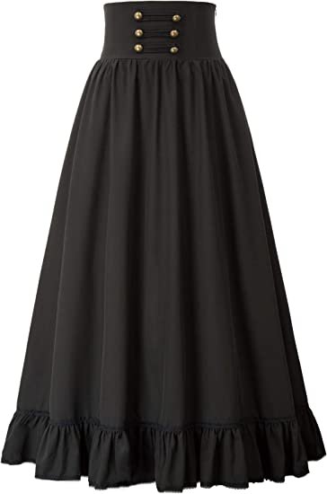 Women Victorian Maxi Skirt Vintage Pleated Skirt Button Front Skirt Black S at Amazon Women’s Clothing store