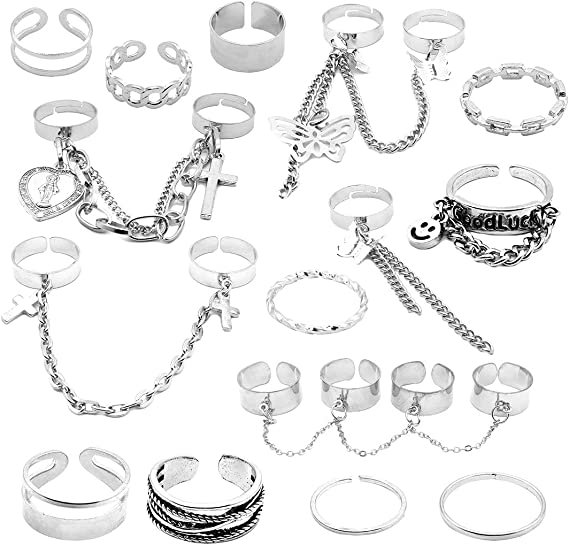 Amazon.com: 17Pcs Adjustable Punk Chain Rings Set， Vintage Knuckle Gothic Rings Set Alloy Biker Obsidian Chain Open Rings, Stackable Hollow Carved Finger Rings Midi Rings Joint Jewelry for Women Girls (A-SILVER): Clothing, Shoes & Jewelry