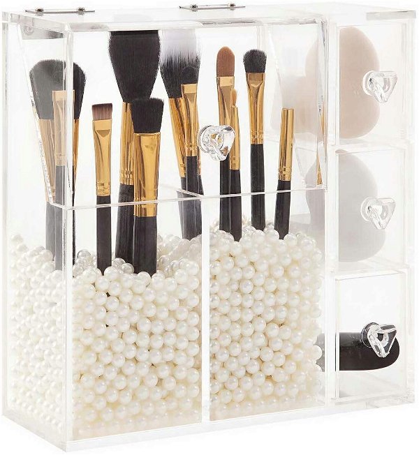 PuTwo Makeup Organizer With 2 Make Up Brush Holders and 3 Drawers All In One Case with Free White Pearl